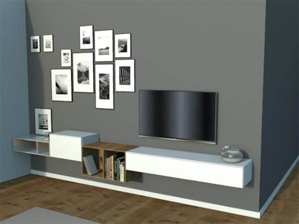 Ansicht Wohnzimmer Sideboards, TV und Fotowand